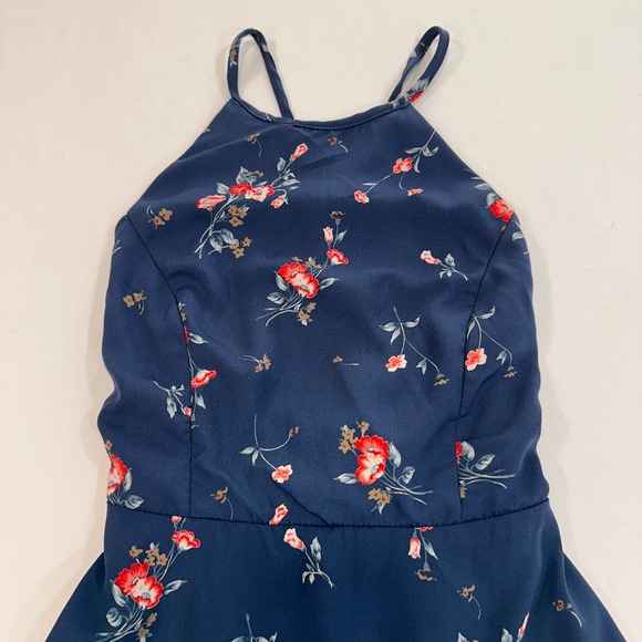 Lulus Floral Halter Skater Dress Womens Small Navy Blue Lace Up Back | Romantic - Picture 2 of 8